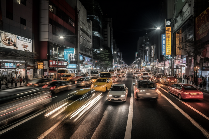 夜晚车水马龙的街道交通路面