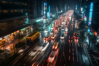 夜晚车水马龙的街道路灯川流不息