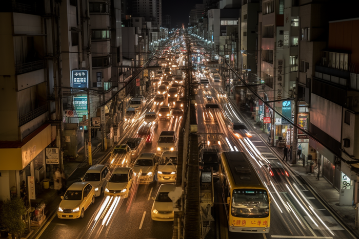 夜晚车水马龙的街道路灯大楼