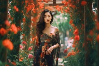 花园中的亚洲女孩艺术人像花香模特