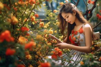 花园中的亚洲女孩艺术人像美女花香