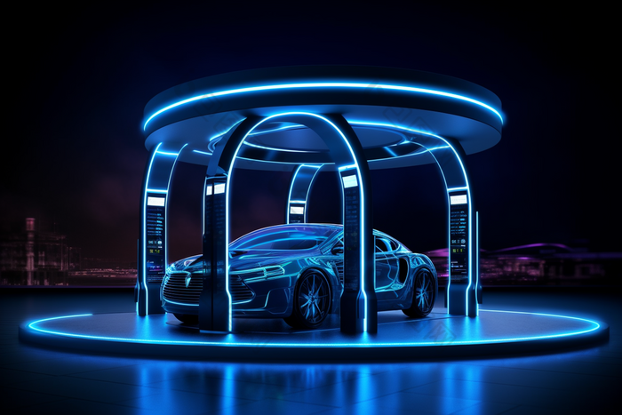 未来科技感新能源车充电站未来感霓虹灯光条