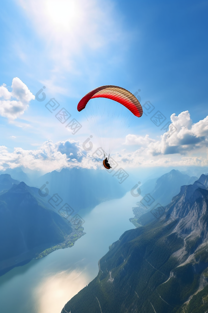 户外高空滑翔伞运动员翱翔