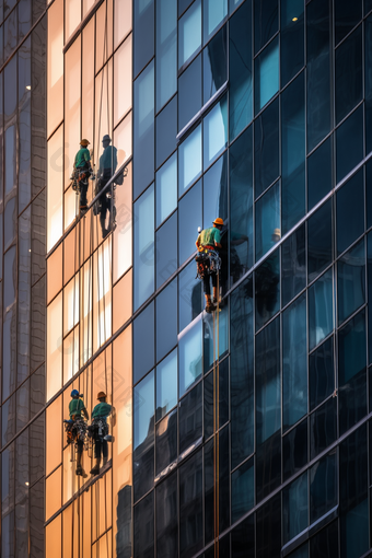 高空作业擦窗工人建筑窗户