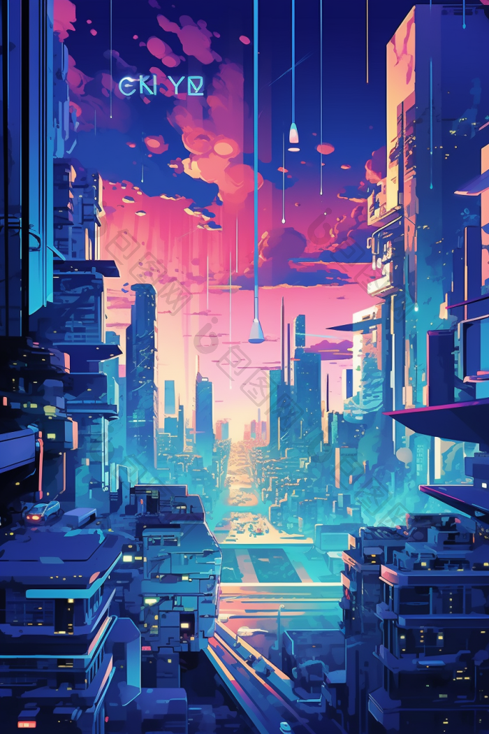 霓虹城市科技感插画图片-包图网
