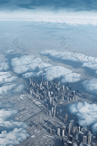 飞机上俯瞰城市天蓝色建筑