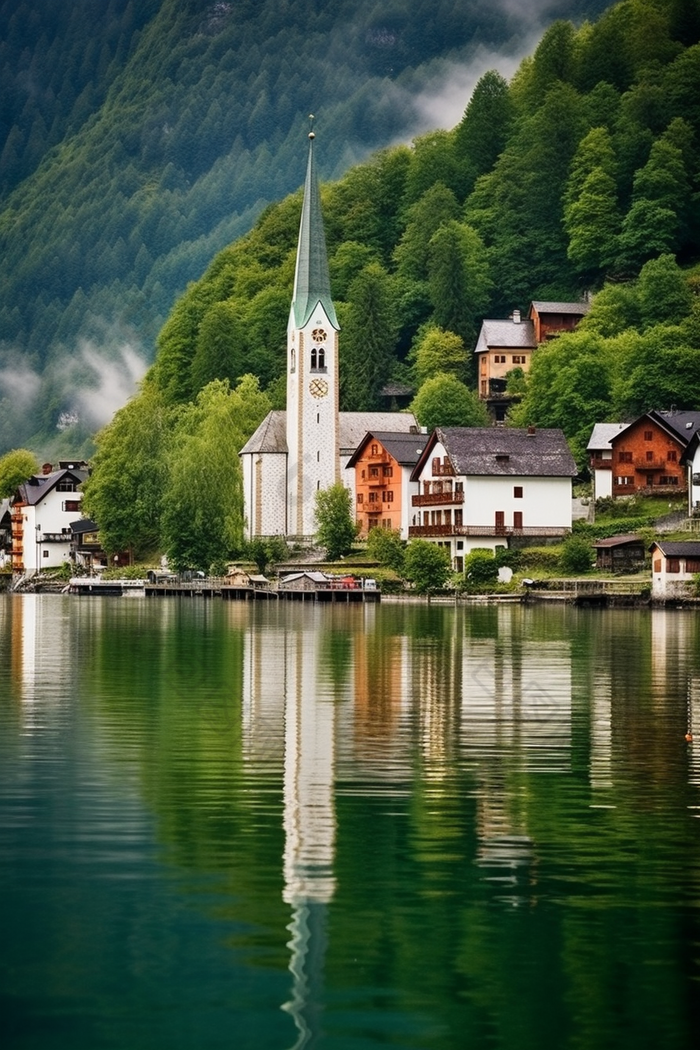 欧洲湖滨小镇晴朗风景