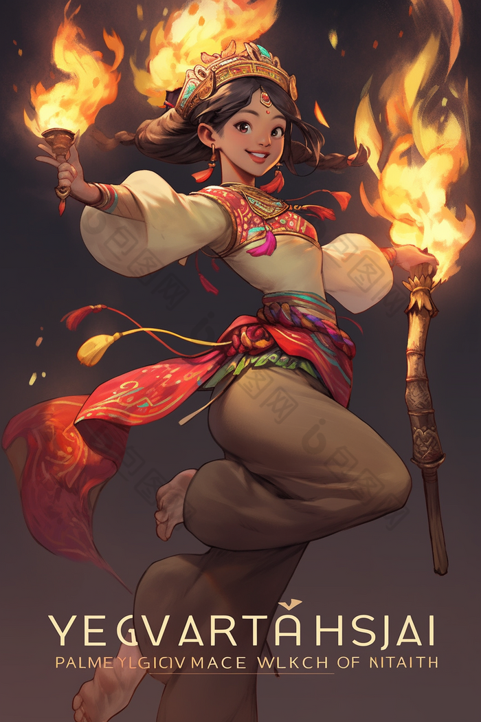 彝族火把节女孩跳舞插画火把节
