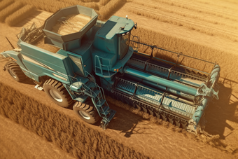 现代化农业生产机械在农田里操作绿色麦田