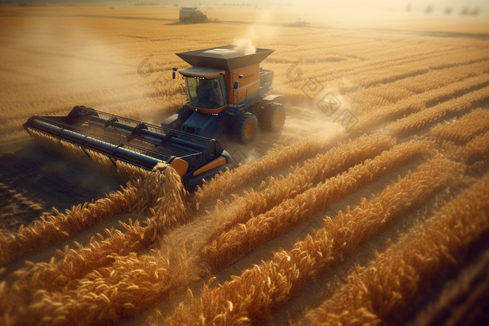 现代化农业生产机械在农田里操作绿色稻田