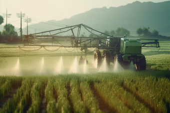 现代化农业生产机械在农田里操作作业麦田
