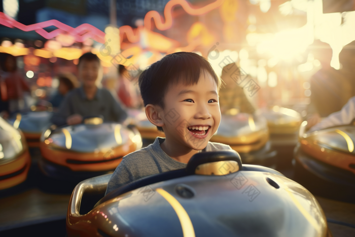开碰碰车兴奋的儿童幸福游乐园