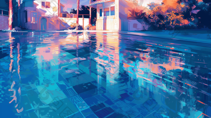 泳池水面纹理倒影宁静发光的插画图片-包图网