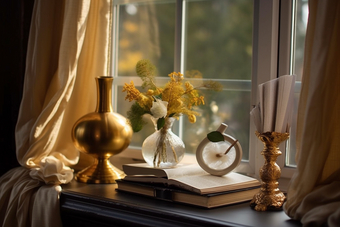 欧式窗台边的书桌花瓶窗帘