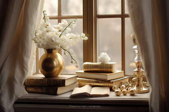 欧式窗台边的书桌优雅花朵