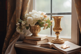 欧式窗台边的书桌花朵卧室