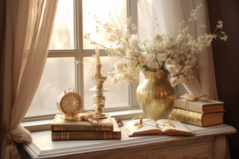 欧式窗台边的书桌烛台花朵