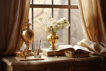 欧式窗台边的书桌花朵窗帘