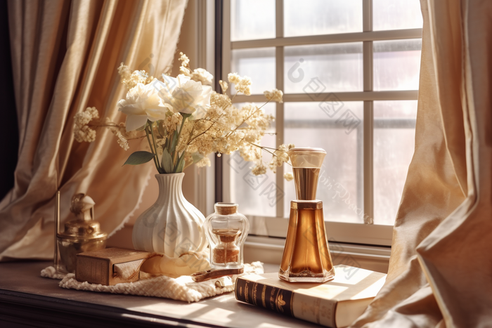 欧式窗台边的书桌花瓶白色