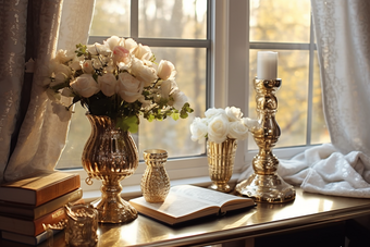 欧式窗台边的书桌花瓶少女