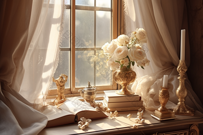 欧式窗台边的书桌花瓶书本
