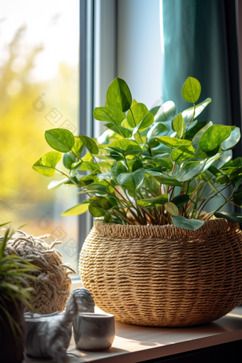 窗台上的绿色植物盆栽编制花瓶