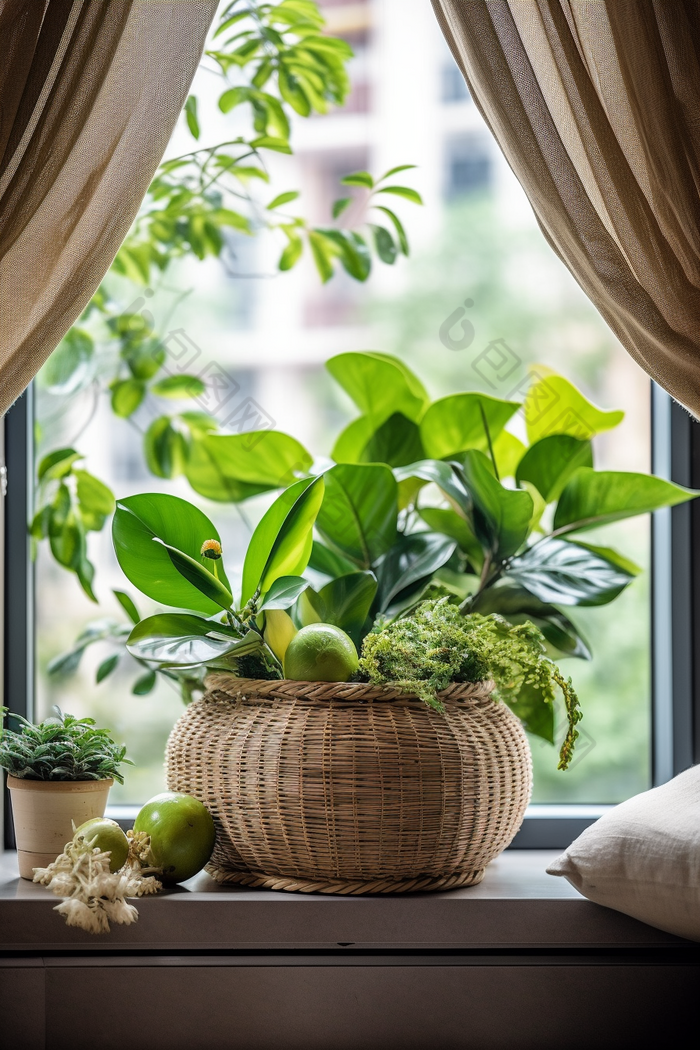 窗台上的绿色植物编制花瓶清新