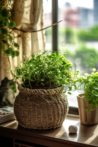 窗台上的绿色植物编制健康