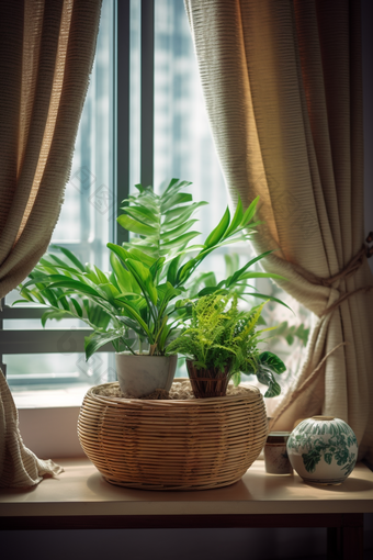 窗台上的绿色植物<strong>编制</strong>花瓶