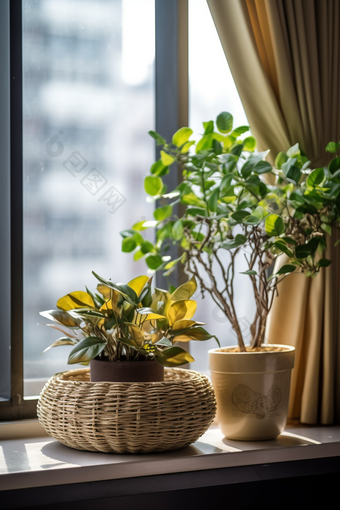 窗台上的绿色植物<strong>编制</strong>花瓶生机