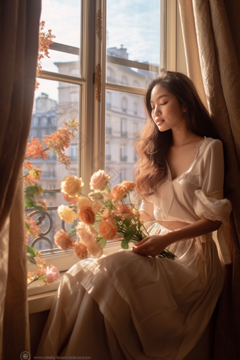 坐在窗户旁的女子唯美精致花瓣