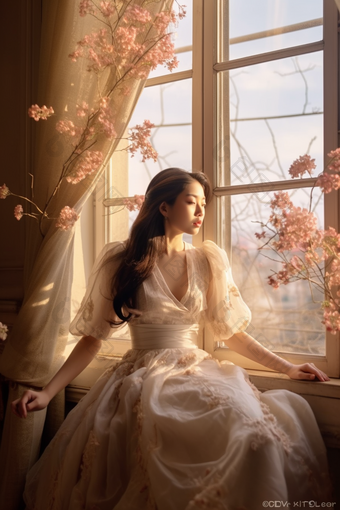 坐在窗户旁的女子唯美花瓣白衣服