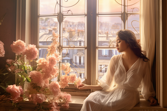 坐在窗户旁的女子唯美花瓣米白色