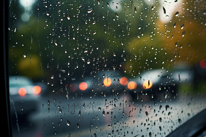 车窗上的雨滴阴天光晕