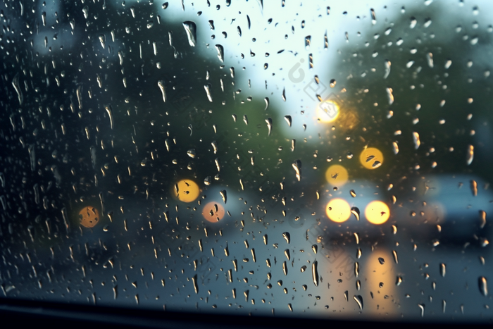 车窗上的雨滴恶劣天气雨景