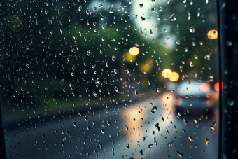 车窗上的雨滴道路雨景