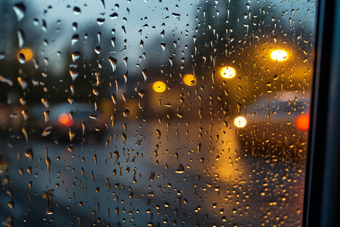 车窗上的雨滴车道雨天