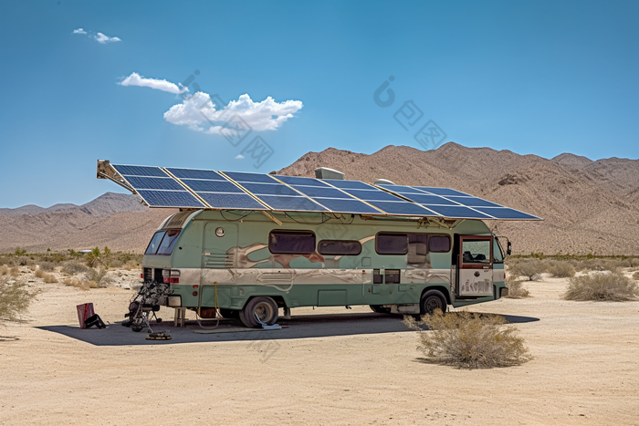 装有太阳能的房车沙漠户外
