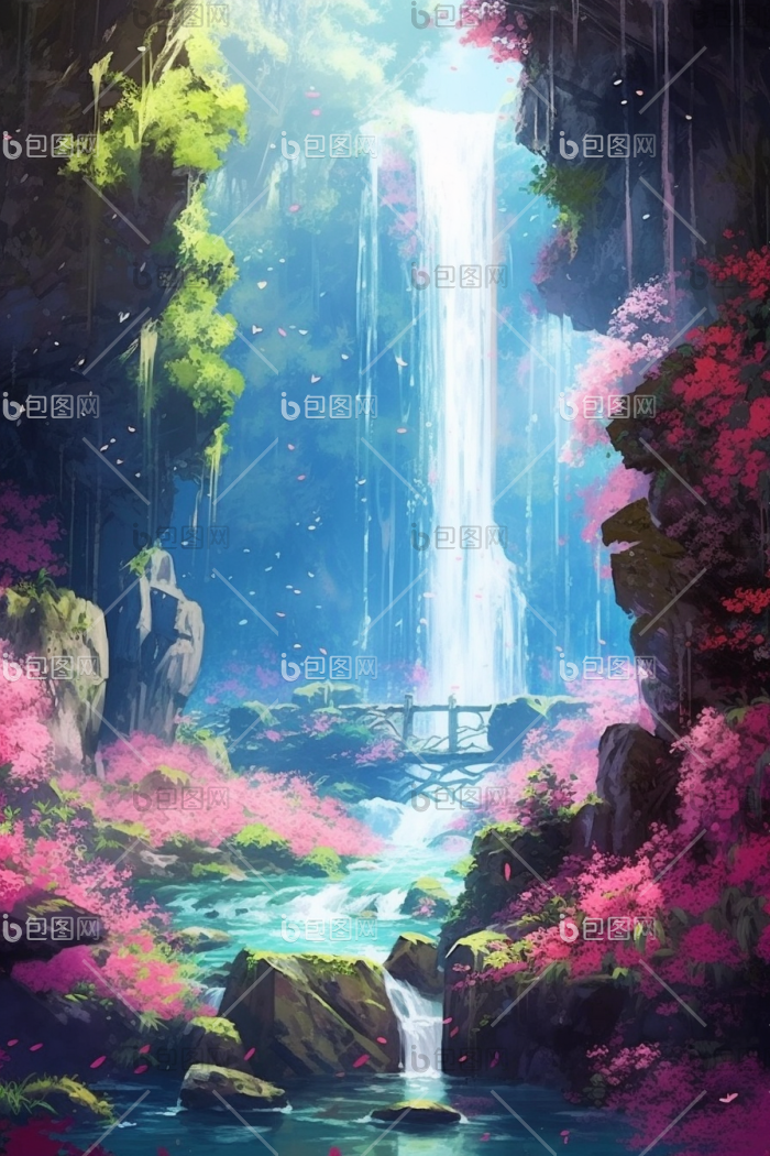 美丽山谷瀑布仙境核心插画图片-包图网