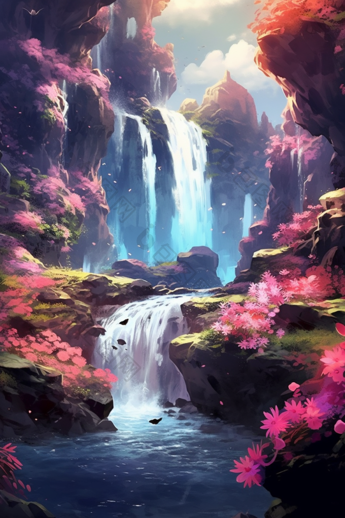 美丽山谷瀑布仙境插画图片-包图网