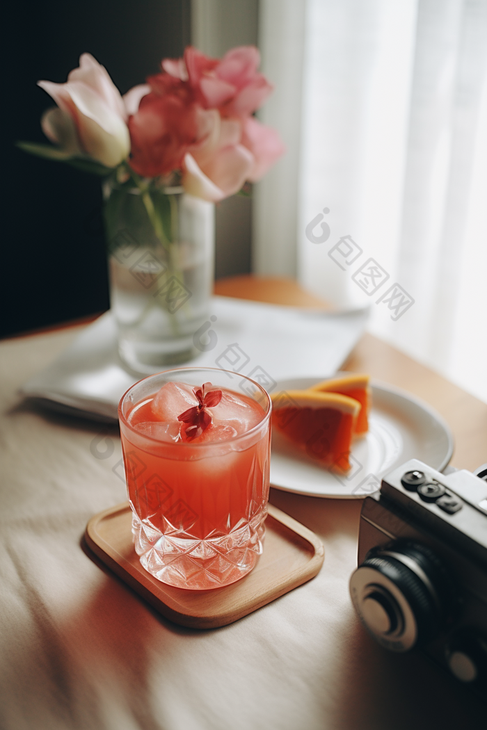 桌面上的水果茶饮料光线