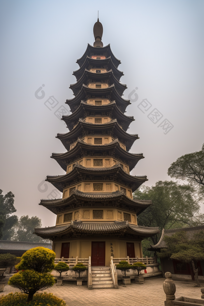 中国风塔楼建筑植物仰视