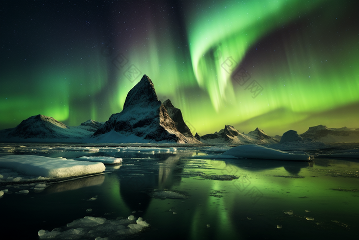 夜空极光冰川现象绿光