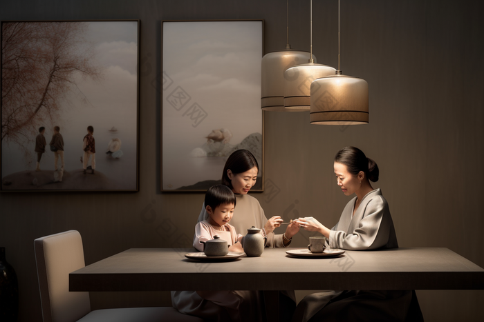 中式客厅母子互动温馨母女