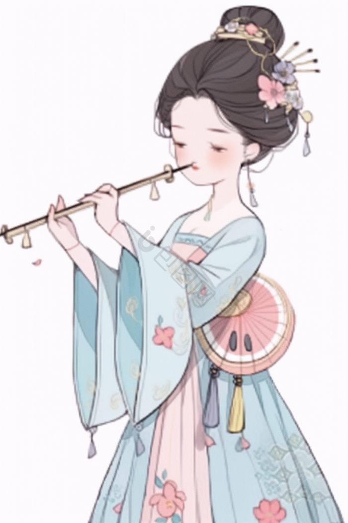 版汉服女孩人物插画吹笛古风清明节牧童吹笛子插画古风古装美女吹横笛