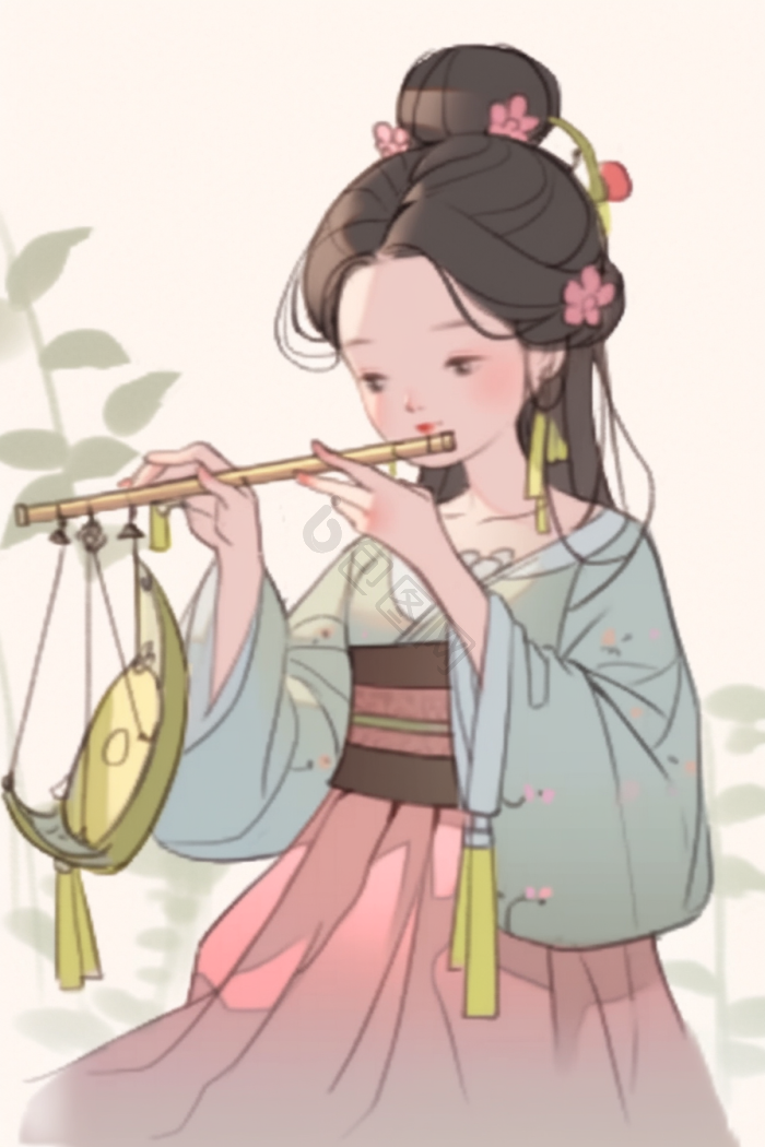 版汉服女孩人物插画吹笛二次元版汉服女孩人物插画吹笛戏曲版汉服女孩