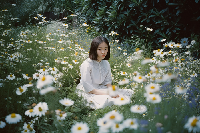 花丛中的少女唯美横图花朵花园