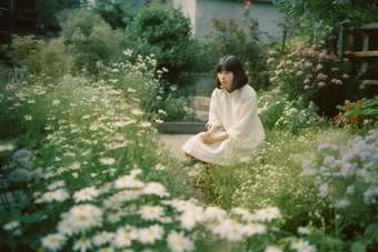花丛中的少女唯美横图鲜花花园