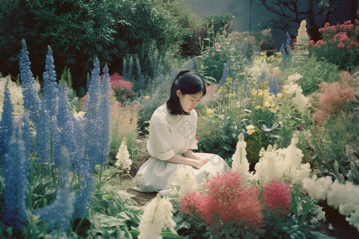 花丛中的少女唯美横图花朵公园