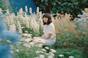 花丛中的少女唯美横图鲜花夏天